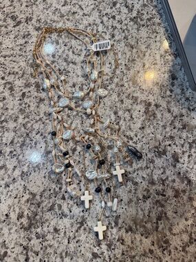 Free People Multi-Strand Pearl and Cross Pendant Necklace in White and Gold